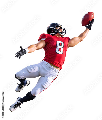 American football player mid-air leap catching ball, isolated action pose