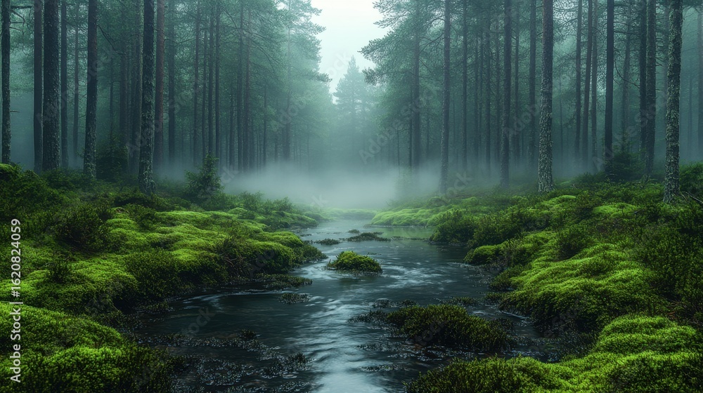 Fototapeta premium Stream running through a forest with moss growing on the ground