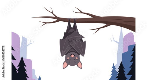 A cute bat hangs upside down from a tree branch in a forest setting