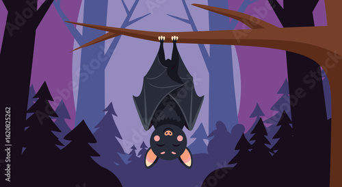 A cute bat hanging upside down from a tree branch, enjoying the night