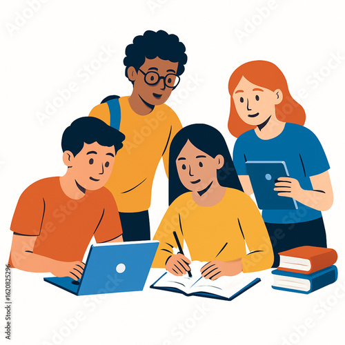 Group of students studying together with a laptop and books.