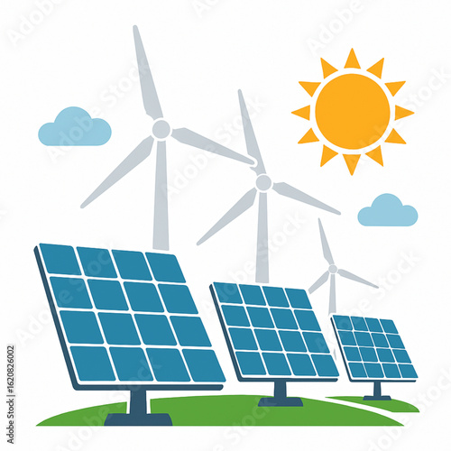 Renewable energy sources with solar panels and wind turbines.