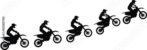 Motocross Rider Jump Sequence, Black Silhouette of an Athlete on a Dirt Bike, Vector for Extreme Sports and Action Concepts.