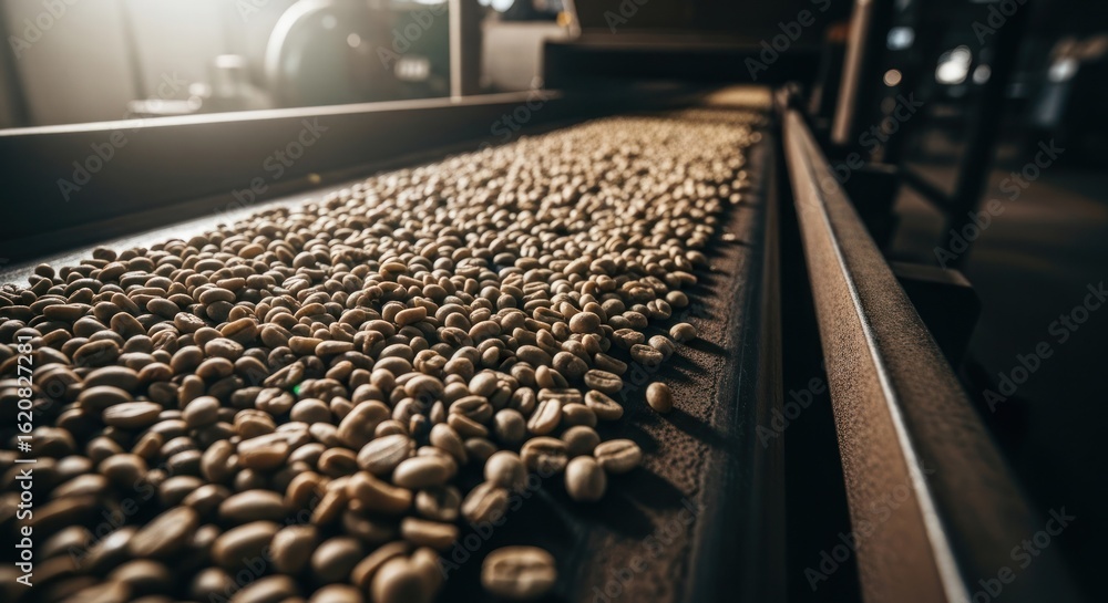 Fototapeta premium Coffee beans on a conveyor belt in a processing facility