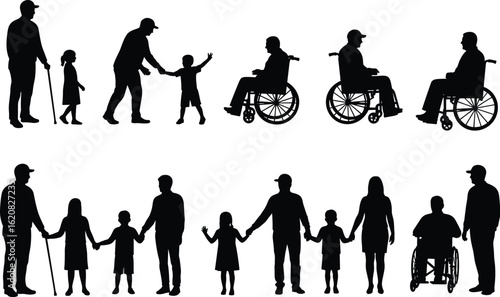 Generational Family Silhouettes, People of All Ages and Abilities, Vector Set for Diversity, Care, and Human Relationships.