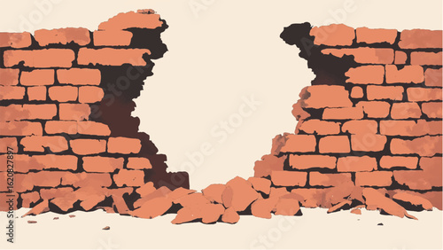 Crumbled Brick wall. Broken Brick Wall. Ruined brick wall. Damaged Brick wall. Vector illustration.