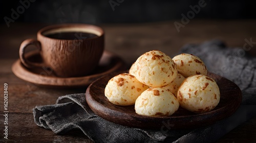 Breakfast delight: A delightful array of freshly baked cheese buns and a steaming cup of coffee on a rustic wooden table, capturing the essence of a perfect breakfast scene.
