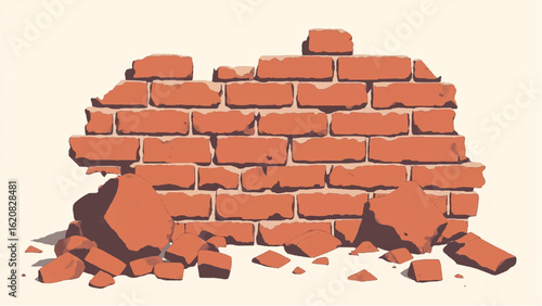 Crumbled Brick wall. Broken Brick Wall. Ruined brick wall. Damaged Brick wall. Vector illustration.