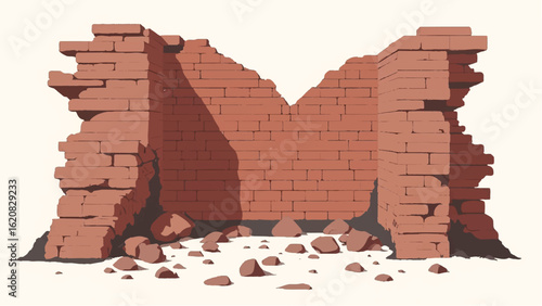 Crumbled Brick wall. Broken Brick Wall. Ruined brick wall. Damaged Brick wall. Vector illustration.