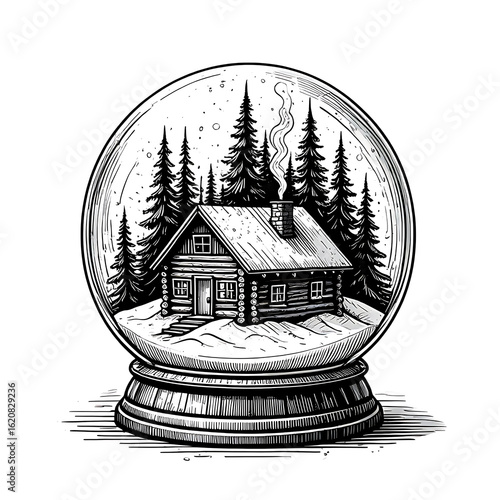 Enchanting Winter Cabin Scene Inside a Decorative Snow Globe Illustration a Charming Black and White Holiday Image Depicting Rustic Warmth