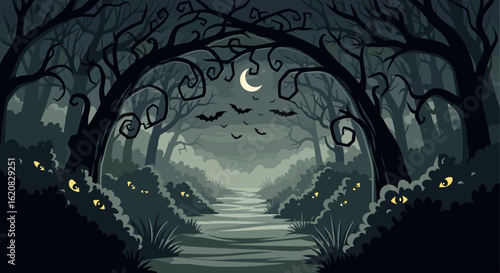 Eerie Enchanted Forest Path Under a Crescent Moon
