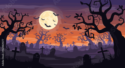 Eerie Graveyard Scene Under a Spooky Full Moon with Silhouetted Trees and Bats