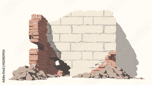 Crumbled Brick wall. Broken Brick Wall. Ruined brick wall. Damaged Brick wall. Vector illustration.