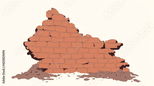 Crumbled Brick wall. Broken Brick Wall. Ruined brick wall. Damaged Brick wall. Vector illustration.
