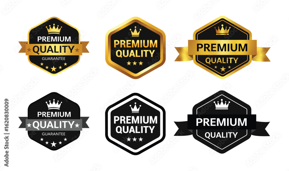 Obraz premium Premium quality badge set with crown and ribbon. Premium quality satisfaction guaranteed. Vector black and gold isolated on white with stars and crown.