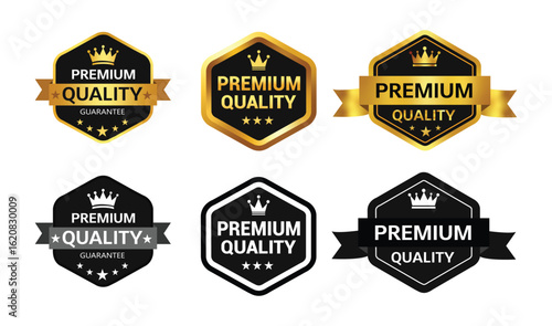 Premium quality badge set with crown and ribbon. Premium quality satisfaction guaranteed. Vector black and gold isolated on white with stars and crown.