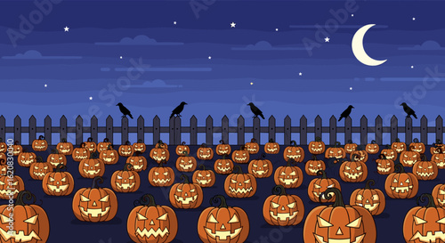 Spooky Pumpkin Patch Under a Crescent Moon, Halloween Night Scene