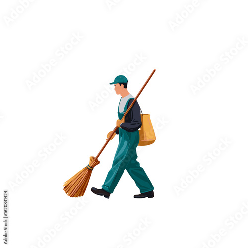 A street cleaner diligently sweeping the road with his broom.