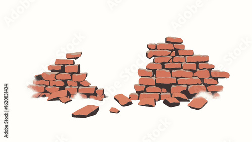 Crumbled Brick wall. Broken Brick Wall. Ruined brick wall. Damaged Brick wall. Vector illustration.