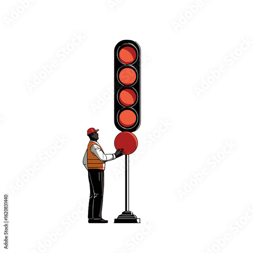 An Engineer fixing a traffic light, demonstrating the importance of infrastructure and safety.