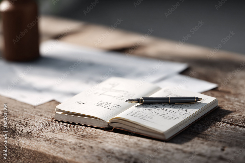 Obraz premium Open notebook with ink pen on rustic wood. Concept of writing, planning, or brainstorming. Evokes creativity, focus, and the power of ideas. Great for blogs, articles, or social media.