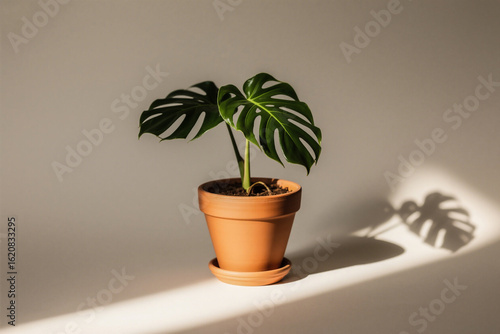 Monstera Deliciosa Plant in Terracotta Pot: Minimalist Indoor Plant Photography