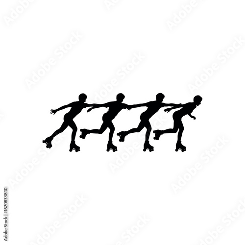 Four black silhouettes of people inline skating in a line roller skating sport