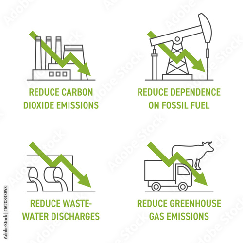 Reducing natural sources programs, strategies and goals icons set