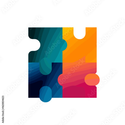 Four colorful puzzle pieces connecting together, symbolizing teamwork.