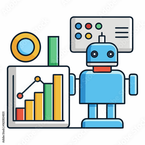 Colorful Data Analysis Robot Icon – 2D Cartoon Vector with Bar Charts