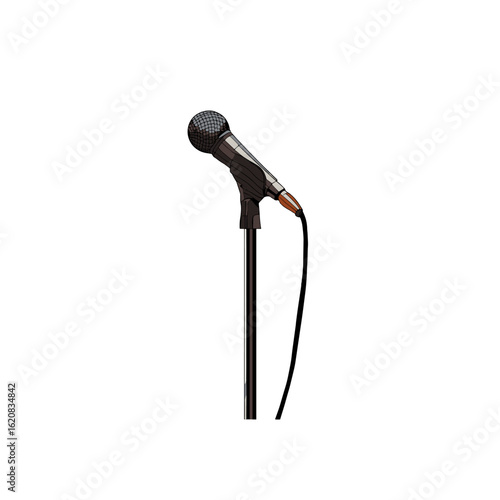A dynamic microphone on a stand.