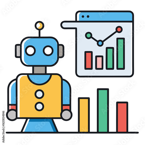 Colorful Data Analysis Robot Icon – 2D Cartoon Vector with Bar Charts