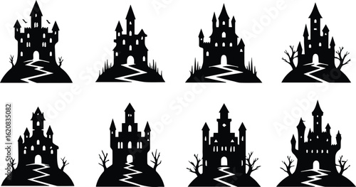  set of eight haunted castles on hills with spooky trees and paths, isolated on white background vector illustration