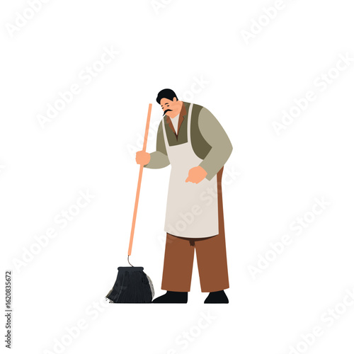 A cleaner is cleaning floor with broom.