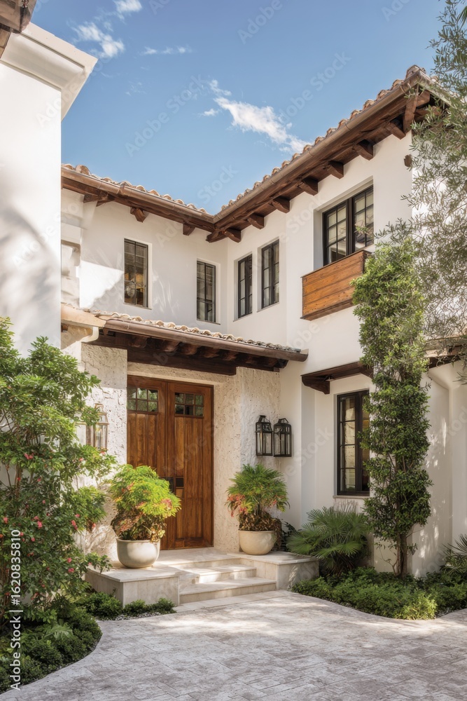 Fototapeta premium Nestled in a serene neighborhood, this enchanting white villa adorned with elegant wooden accents is beautifully embraced by vibrant, lush greenery, creating a picturesque scene on a bright, sunny day