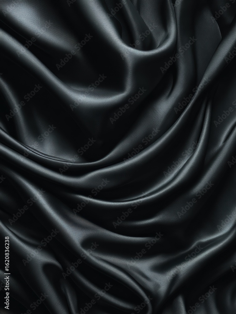 Fototapeta premium Shiny smooth luxury black satin and silk fabric. Template banner design for backgrounds, backdrops and wallpapers with space for text. Funeral and dramatic style