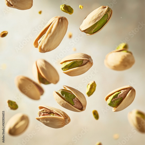 Pistachios nuts floating separately in mid-air