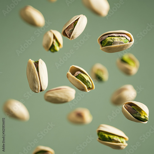 Pistachios nuts floating separately in mid-air