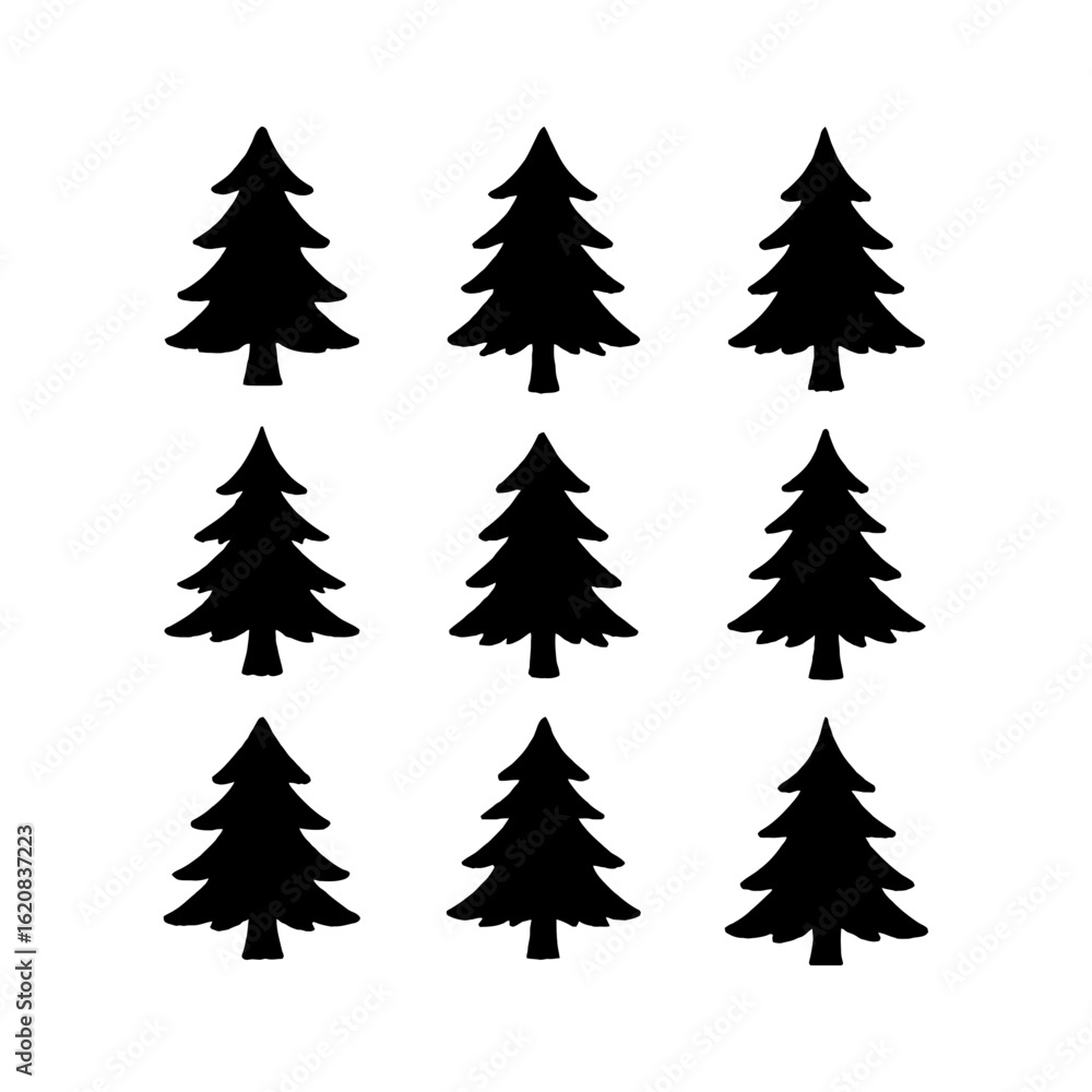 Obraz premium Nine black silhouette christmas trees on a white background