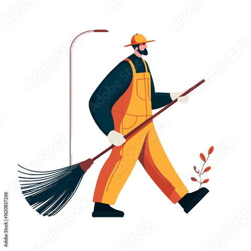 A street cleaner in uniform, depicted in a minimalist graphic.