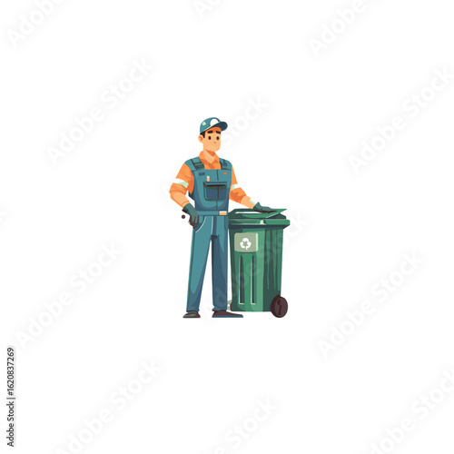 A waste collector standing next to a green trash can.