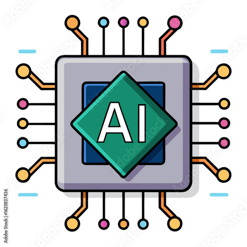 Cartoon AI Chip Icon – Flat 2D Vector with Colorful Tech Wires on White Background
