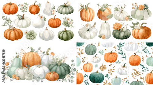 Beautiful watercolor pumpkins in soft orange, white, and green shades with fall florals and leaves. Ideal for autumn, Thanksgiving, or harvest-themed designs.

