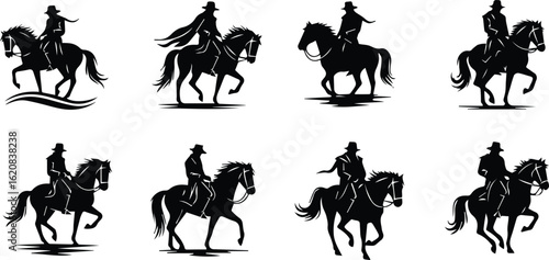  collection of cowboy silhouettes on horseback, isolated on white background vector illustration