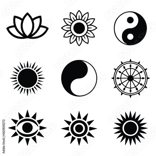 Collection of nine black spiritual and celestial symbols on white background lotus flower sunflower
