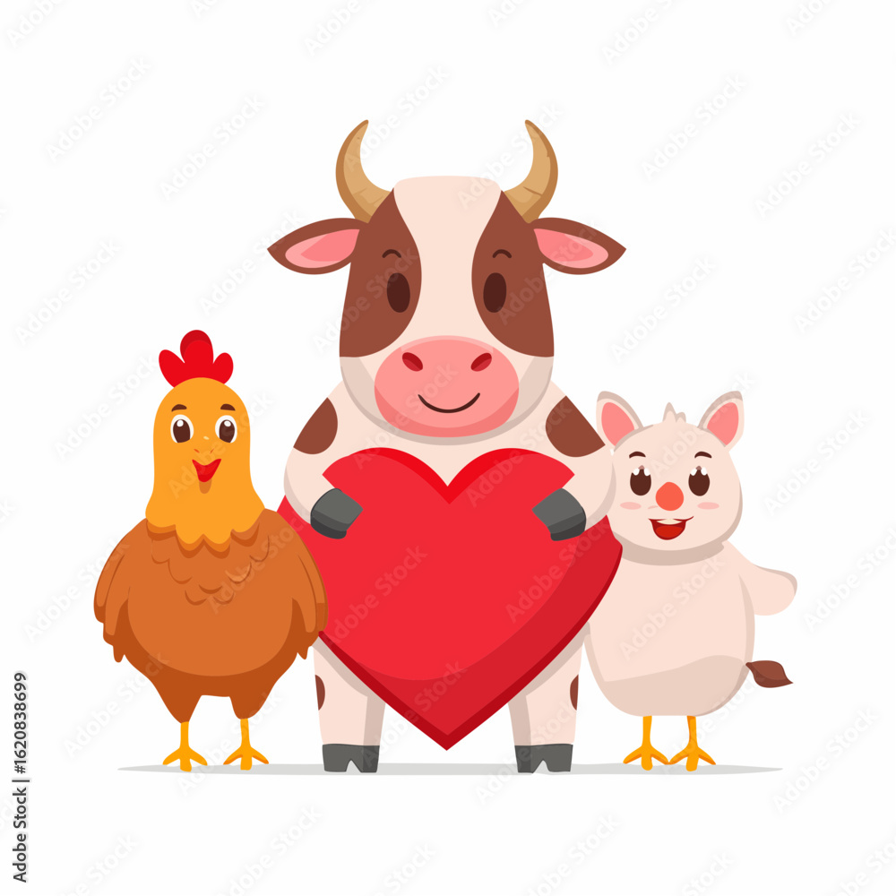 Obraz premium Kuh und Huhn mit Herz – Symbol für tierfreundlich und vegan