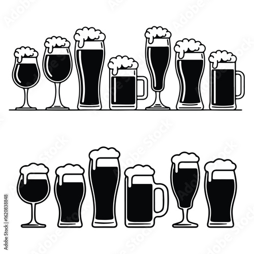 Assortment of Beer Glasses Filled with Foamy Beer lager