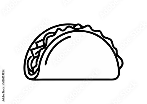 icon of taco with fillings in minimalist style, outline illustration on white background, copy space