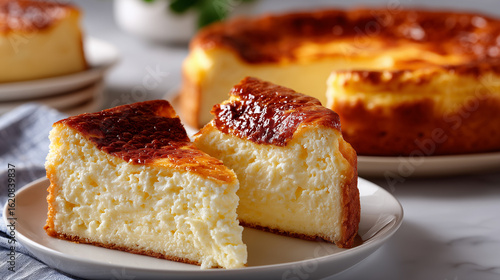 basque cheesecake slice with slightly melted creamy edge, golden brown top, clean soft light background, appetizing minimal close-up shot 