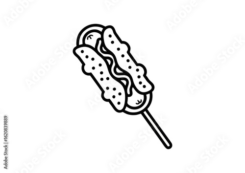 Corn dog illustration, fun mood, showcasing a tasty corn dog on a stick on a white background with copy space
